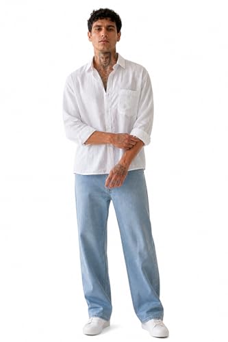 Image of SCRTCH Men's White Cotton Linen Shirt, Oversized Boxy Fit Casual Button Down, Breathable Lightweight Full Sleeve Summer Beach Vacation Wear