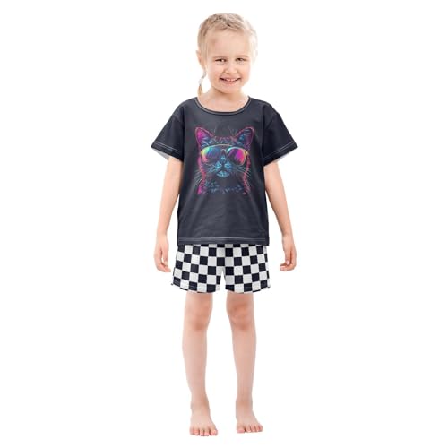 Checkerboard Plaid Cool Cat Sunglass Dark Pajama Set Short Sleeve Nightwear Soft Clothes Set Summer Pajamas Cotton 5Y3