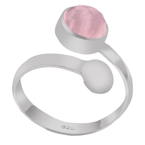 Anillo de cuarzo rosa de plata de ley 925 con piedra preciosa redonda ajustable para mujer