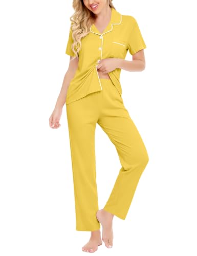 Image of SWOMOG Women Pajama Sets Two-Piece Nightwear Short Sleeve Sleepwear Button Down Pj Lounge Sets with Long Pants