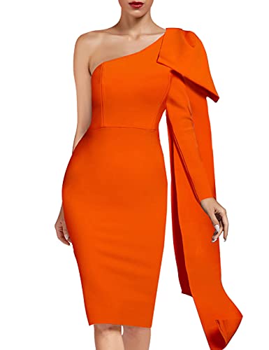 Image of UONBOX Women's One Shoulder Bowknot Long Sleeve Bodycon Knee Length Club Party Bandage Dress