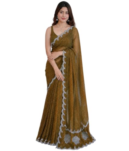 Image of Chiffon Satin Saree for Women with C Pallu PP Siroski Diamond Work, Cutwork Border & Matching Blouse Saree for Wedding, Festive and Traditional Occasions