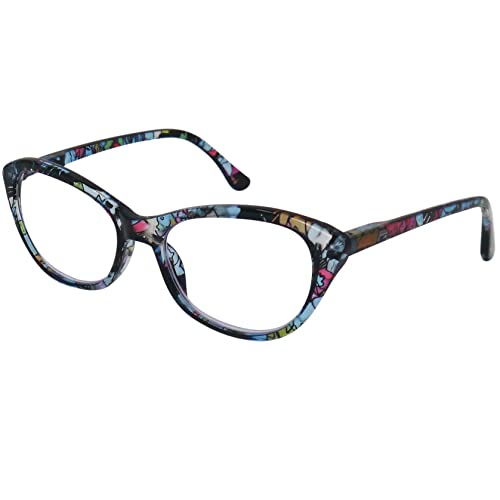 Mini Brille Gafas de Lectura de Ojos de Gato con Grandes Lentes - Funda de Gafas Incluida GRATIS, Montura de Plástico (Flor Azul) Para Leer Mujer +2.0 dioptrías Cover
