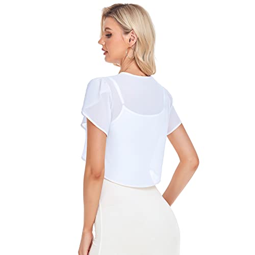 Shealles Shrugs For Women Short Sleeve Shrug Cropped Bolero Open Front Chiffon Cardigan For Evening Dress White #TOP3