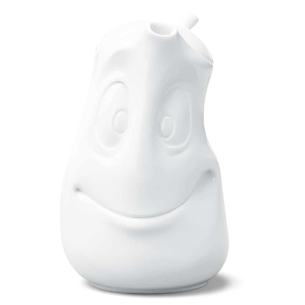 TASSEN Porcelain Tea Pot with Lid, Good Mood Face Edition, 40 oz. White (Single Tea Pot with Lid)
