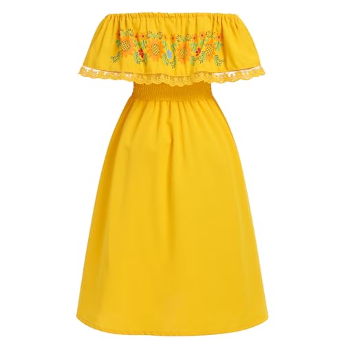 Kids Girls Mexican Dress Off-Shoulder Sunflower Print Drape Traditional Ethnic Wear Birthday Dresses2
