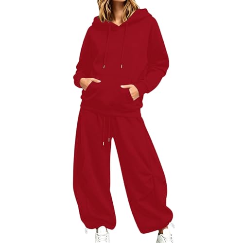 Winter Outfits for Women,Sweatsuits Women 2 Piece Outfit Track Suit Oversized Full Zip Hoodie Adjustable Wide Leg Pants Sweat Set Fall Winter Lounge Joggers Travel Outfits,B04Red,S
