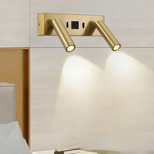 LED Wall Lamps with 2 Switches Wall Sconces with USB C+A Charging Ports Wall Lights 350° Rotating Reading Lights Bedside Lighting Fixture for Bedroom Living Room (Copper,Warm Light)