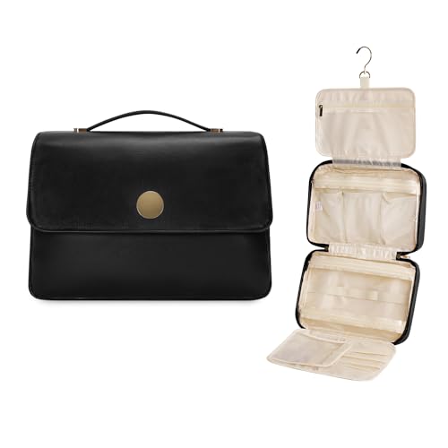 Wandering Nature Toiletry Bag for Women, Hanging Travel Makeup Organizer with 4 Compartments, Pu Leather Waterproof Cosmetic Bag for Full Sized Toiletries Black