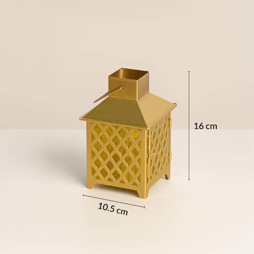Image of MARKET 99 Metal & Glass Lantern Candle Holder with Yellow Glass | Decorative Hanging & Tabletop Lantern for Diwali, Christmas, Weddings & Festive Home Decor | Golden & Yellow Finish