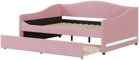 Miniatura 14 de MERITLINE Sofá cama tapizado de tamaño individual con nido y LED, marco de cama de día de forro polar con listones de madera maciza, sofá cama