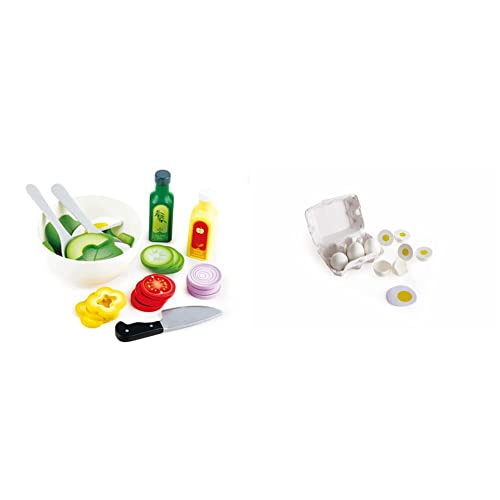 Hape Salat-Set Gartensalat-Set & Eierkarton 3 hartgekochte Eier mit leicht ablösbarer Schale & 3 Spiegeleier, Realistisches Lernspielzeug für Kinder ab DREI Jahren aus Holz