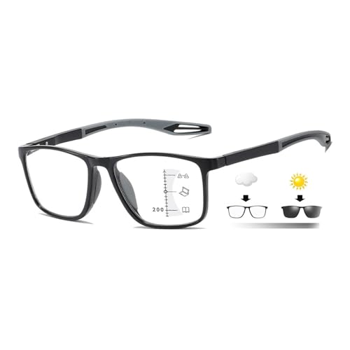 Gafas de Lectura Bifocales Progresivas Fotocromáticas Inteligentes Deportivas,Gafas de Presbicia con Antiluz Azul de Moda, Gafas Ultraligeras de Lectura Bifocales Portátiles(Black/Grey,3.5 x)