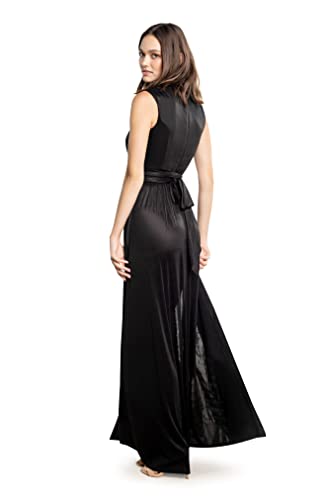 Image of DRESS THE POPULATION Women's Krista V Neck Tie Waist Coated Jersey Slit Front Maxi Dress