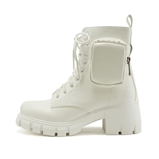 Soda BREACH ~ Women Lug Sole Mid Shaft Chunky Heel Fashion Combat Lace up Bootie W/Side Zipper & Pouch (White Pu, us_footwear_size_system, adult, women, numeric, medium, numeric_8_point_5)