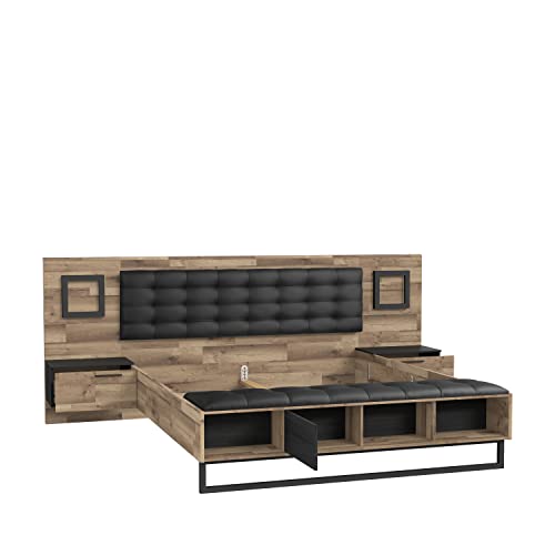 FORTE JAKOBINA Bett mit Nachtkommoden und 2 Schubladen und 1 Tür, Liegefläche 180 x 200 cm, Holzwerkstoff, Planked Eiche / Schwarzeiche, 296.8 x 119.7 x 234.5 cm