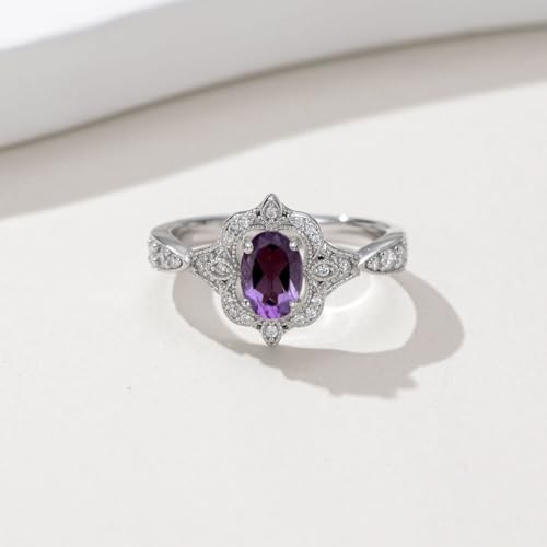 Natural Amethyst Promise Ring for Women Vintage Inspired 925 Sterling Silver 1.2 Cttw Oval Shaped Healing Amethyst Rings 5