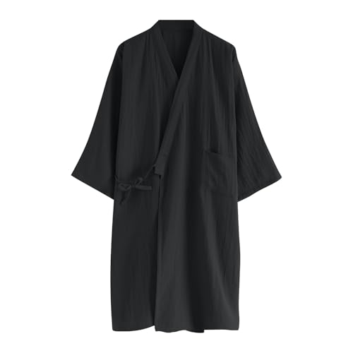 Men's Japanese Style Robe with Pocket Cotton Long Sleeve Solid Color Kimono Bathrobes Loose Comfortable Loungewear Pajamas3