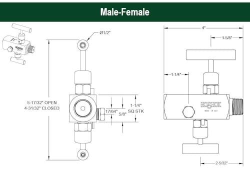 2 Valve Block & Bleed, Hard Seat, 1/2 NPT Male - 1/2 NPT Female, 316 SS, 0.187