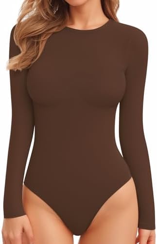 MANGOPOP Women's Long Sleeve Crew Neck Bodysuit Ribbed Basic Tops