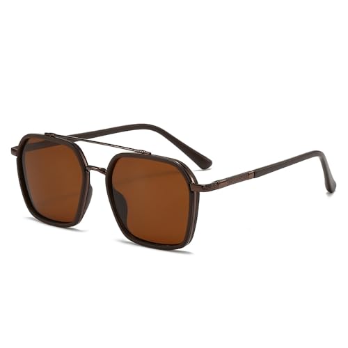 Back to School Sunglasses for Travel USE, Fashion Fall/Summer 2025 Geometric Frame Double Beam Sun Glasses Trends (Brown)