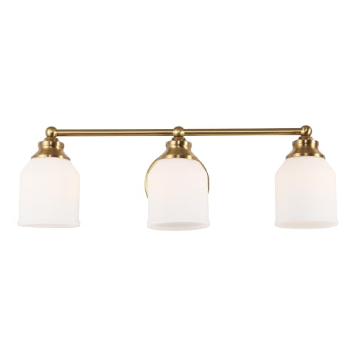 Image of JONATHAN Y 24 inch Brass Gold /White Modern Farmhouse LED Vanity Light Wall Sconce Fixture, Frosted White Glass Shade, Dimmable Wall Lamp for Bathroom Mirror Kitchen Sink, UL Listed (JYL7551B)
