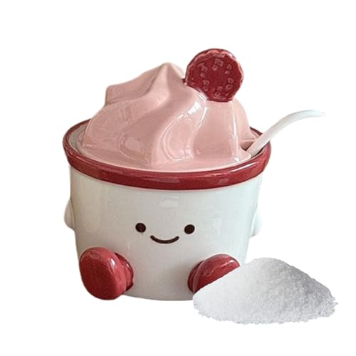 Tarro De Condimentos - 7,28 Pulgadas De Cerámica | Lindo Dibujos Animados - Contenedor De Azúcar Con Tapa Y Cuchara Para Cocina, Comedor, Mesa, Almacenamiento De Condimentos, Baño