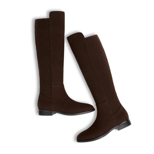 Image of Modatope Rounded Toe Flat Stretchy Dress Knee High Boots Side Zipper