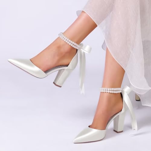 Image of Satin Wedding Shoes for Bride Block Heel Bridal Shoes Pointed Toe Pearl Wedding Heels