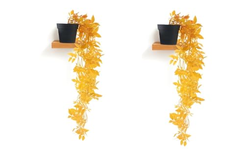 Image of PAPERI Artificial Hanging Plant for Home Decor - Balcony Decoration Items, Fake Plant, Plastic Vine Leaves with Pot, Long Green Leaf Vines for Living Room, Wall, Window (Yellow, Pack of 2)