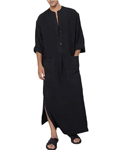 YAOHUOLE Men's Kaftan Thobe Long Sleeve Muslim Robe Button Up Side Split Kaftan Thobe with Pockets