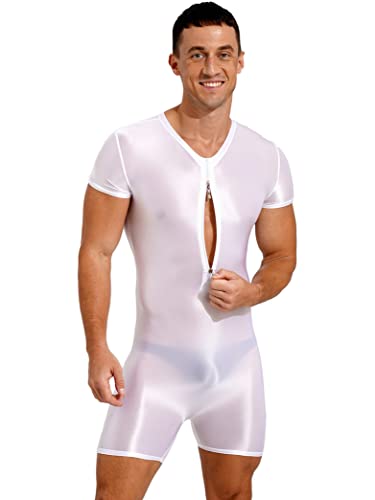 Vxuxlje Men's Glossy Stretchy Short Sleeve Slim Fit Jumpsuit Unitard Workout Shorts Bodysuits2