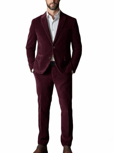 VENNYNG Corduroy Men's 2-Piece Suit Slim Fit Casual Blazer Dress Pants Set for Wedding Office Fall Winter