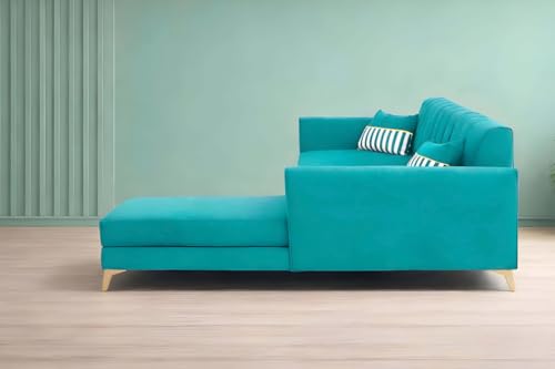 Image of Adorn India Premium Luster 8 Seater L Shape Sofa Set with 2 Puffy & 1 Center Table | Velvet Suede Fabric | 3-Year Warranty | RHS | Aqua Blue with Golden Legs & Striped Pattern Cushion