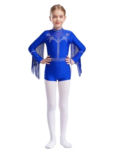 inlzdz Maillot Lentejuelas De Dazna Ballet Niña Leotardo De Baile Latino con Flecos Maillot De Baile Jazz Actuación Azul 11-12 años