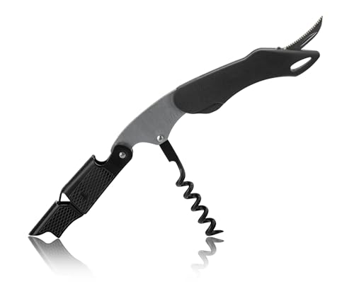 Qpractiko | Zweistufiger Korkenzieher | 12 x 3 cm, schwarz, Edelstahl | Teflonspirale, Alufolienschneider, kompakt und tragbar | Einfaches und präzises Öffnen