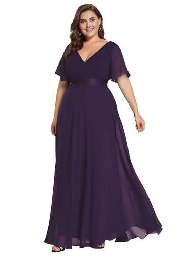 Image of Ever-Pretty Women's Chiffon Formal Evening Dresses for Curvy Women V-Neck Plus Size Floor Length Bridesmaid Dress