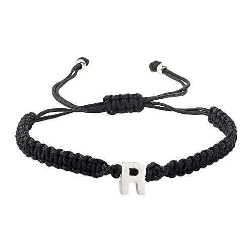 IUNSER Personalisiertes Armband mit 26 Initialen, Edelstahl, versilbert, Buchstabe, schwarz, gewebtes Armband, zierliches Bettelarmband, gewebtes Armband für Freundschaftsarmband Stoff (R, One Size) Cover