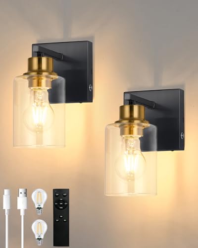 Image of Rayogale Wireless Battery Operated Wall Sconce Set of 2 with Remote Control | Black & Gold Dimmable Rechargeable Wall Lights with Timer, Easy Install Glass Lamp for Living Room Bedroom, Emergency 3000K