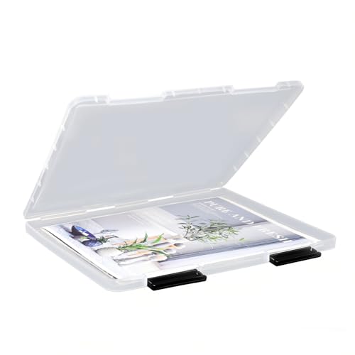 SAYEEC Portable Project Case A4 Plastic Transparent File Storage Box for 8.5x11 Paper Slim Photo Art Craft Storage Container Scrapbook Document Organizer Magazine Protector for Office School (Black)