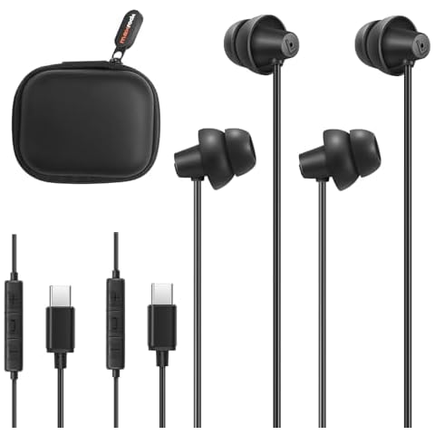 MAXROCK 2PCS Sleep Wired Headphones with USB-C Plug, Wired Ear Buds or Sleeping Earphones with Built-in Remote to Control Music, Phone Calls, and Volume for iphone15, Samsung Android Phones Cover