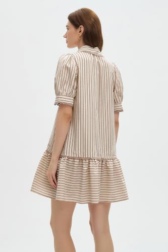 Image of EZAPINE Women Striped Shirt Dress Summer Button Down Collared Short Puff Sleeve Ruffle Hem Casual Flowy Mini Dress