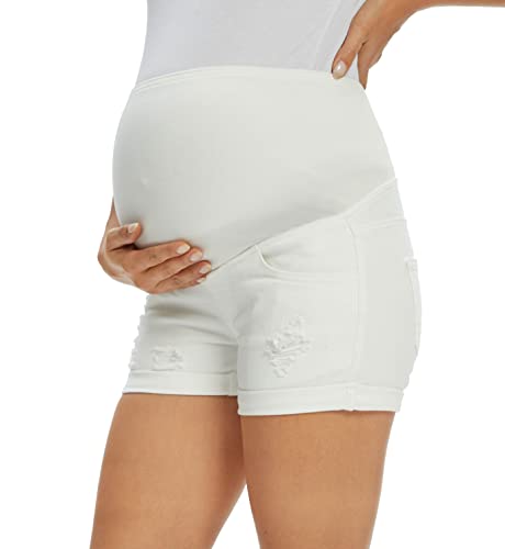 Foucome Maternity Denim Shorts Over Bump Ripped Distressed Roll Hem Blue Jean Shorts Comfy Summer Pregnancy Shorts (White, Xl) #TOP1