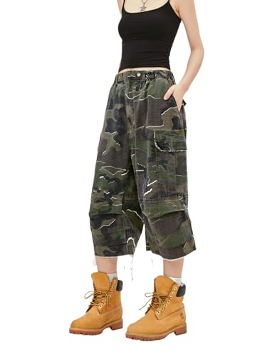 Women's High Waist Capri Jeans, Unisex Camo Denim Stretchy Waistband Multi Pockets Baggy Cargo Capris Pants for Hiking