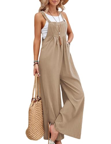 Korebow Wide Leg Jumpsuit for Women Spring Summer Casual Loose Bib Overalls Palazzo Pants Rompers Jumpsuits(0003-DarkKhaki-M)