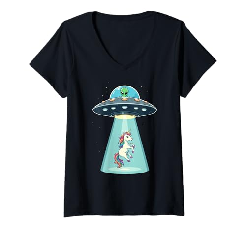 Mujer Funny UFO Alien Abducting Unicorn Cute Mystic Fantasy Sci-Fi Camiseta Cuello V