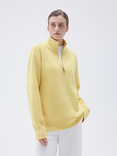 Image of SUUKSESS Women Cashmere Blend Oversized Quarter Zip Pullover Sweater Long Sleeve Collared Ribbed Knit Jumper Tops