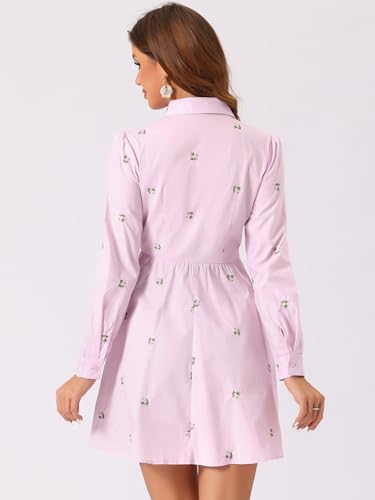 Image of Allegra K Women's Shirt Dress A Line Embroidered Floral Mini Dresses | Casual, Collar, Long Sleeve, Button Down, Half Placket, Invisible Zipper, Knee Length