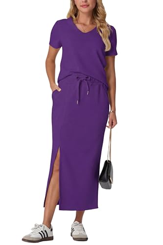 Image of GRECERELLE Women Summer Casual 2 Piece Sets V-Neck Wrinkle-Free Top & Elastic Waist Midi Side Slit Skirt with Pockets