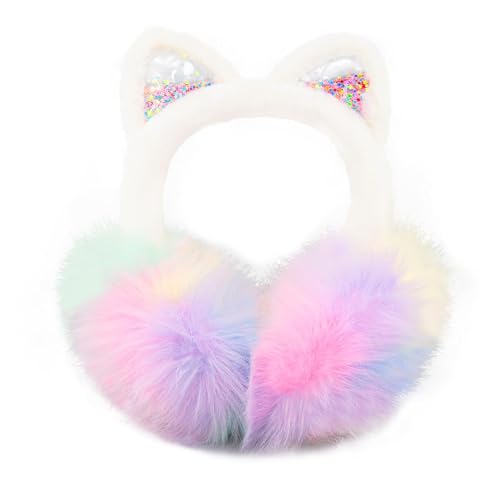 CHUANGLI Fluffy Cat Ear Earmuffs for Women Plush Foldable Cat Ear Muffs Winter Earmuffs Teen Girls Cold Weather Ear Warmers